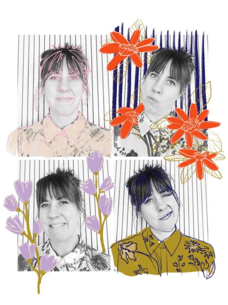 Vier portretten van een vrouw met bloemen in verschillende kleuren en patronen.